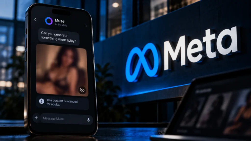 Meta logo etched in glass behind a half-drawn frosted screen, suggesting unanswered questions about Muse agent controls