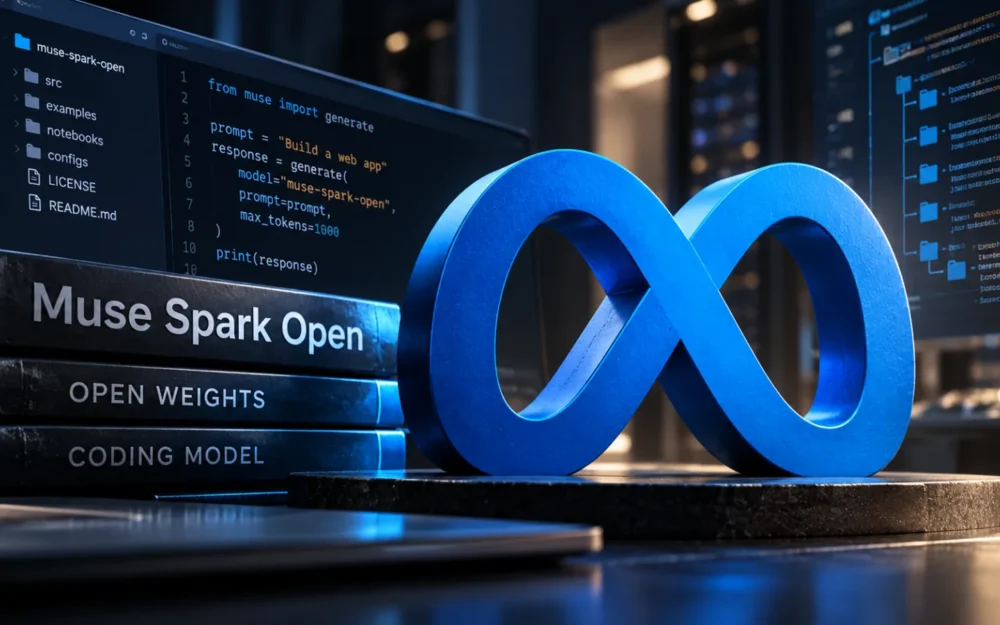 Matte graphite slab with an etched-glass Meta logo, split along one seam with a thin blue light spilling out