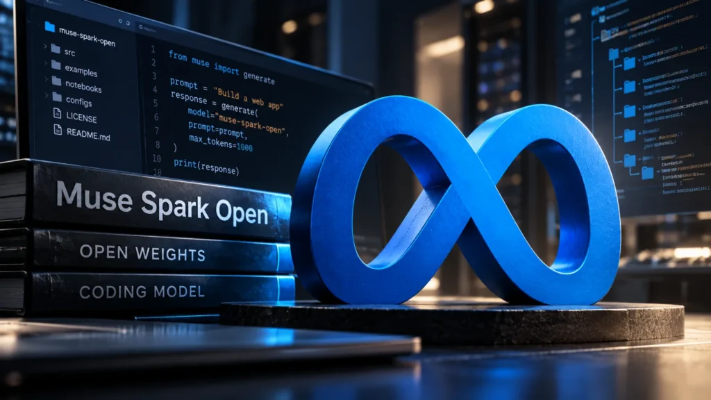 Matte graphite slab with an etched-glass Meta logo, split along one seam with a thin blue light spilling out
