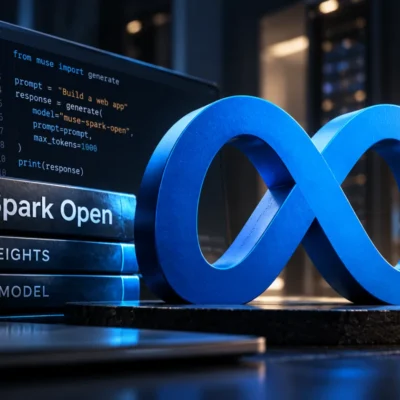 Matte graphite slab with an etched-glass Meta logo, split along one seam with a thin blue light spilling out