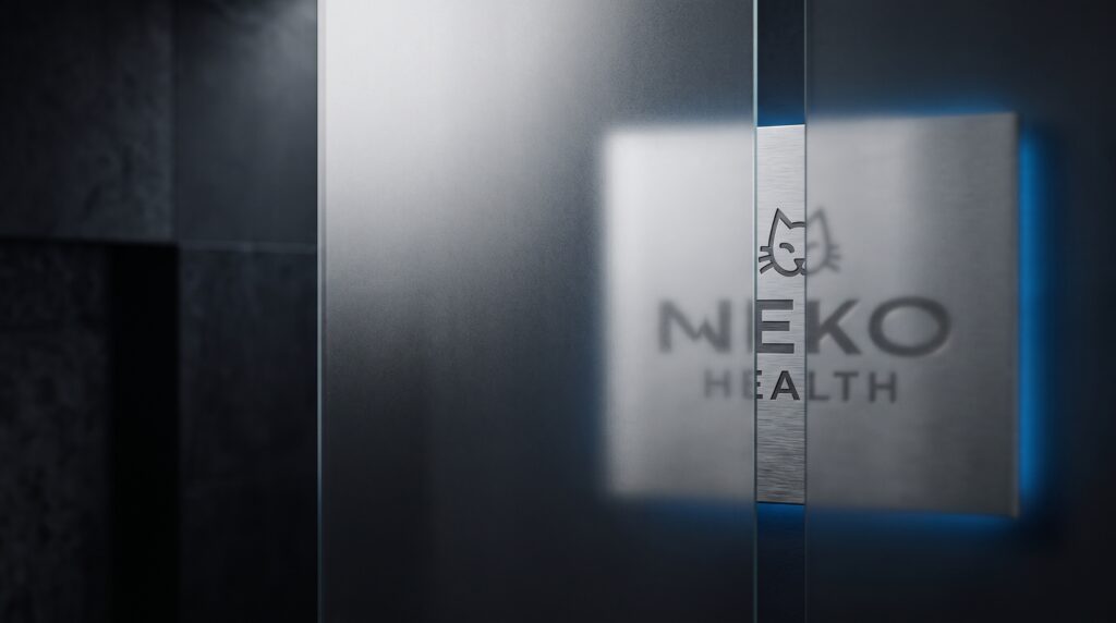 Neko Health logo on a brushed metal plate, partly behind frosted glass with one clear strip, lit by a thin blue edge