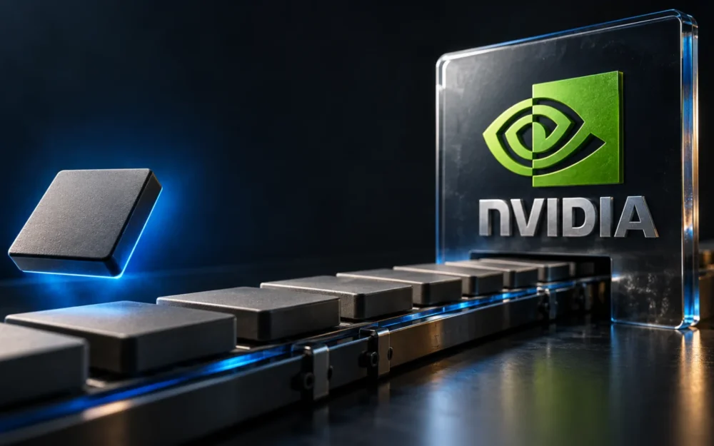 Etched-glass NVIDIA logo beside a rail of identical tiles, with one tile lifted off the line