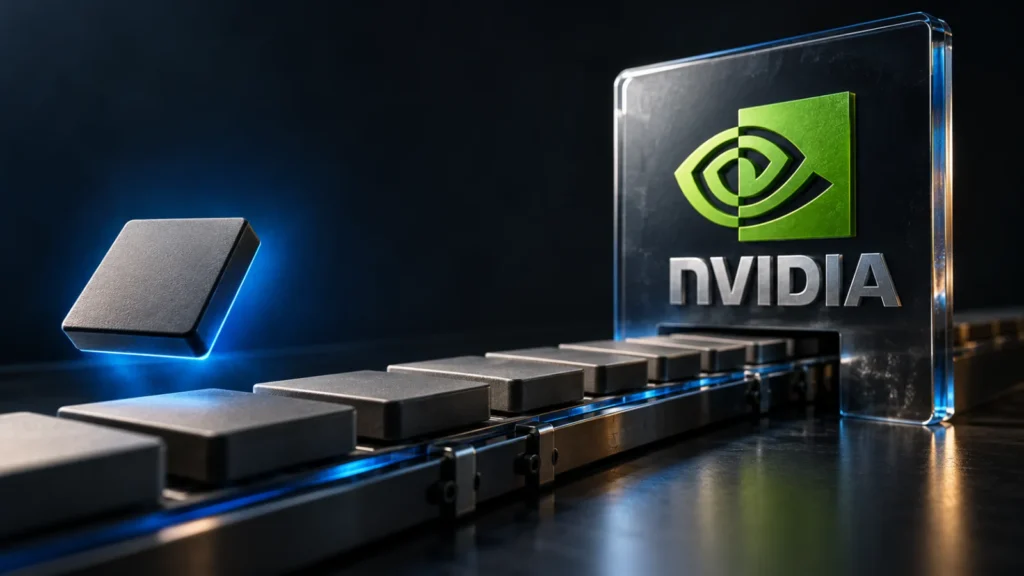 Etched-glass NVIDIA logo beside a rail of identical tiles, with one tile lifted off the line