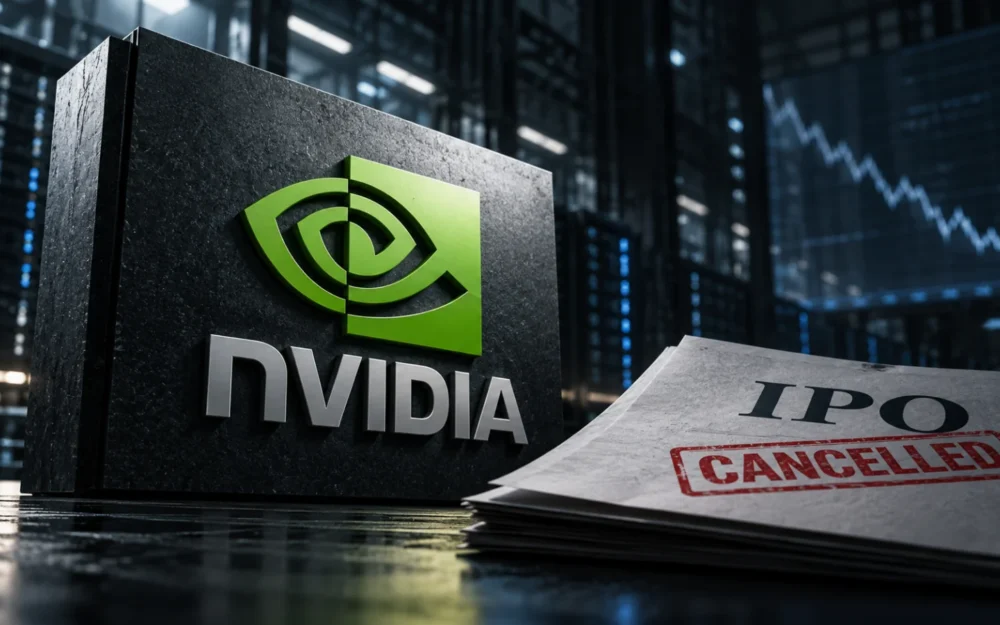 Nvidia logo as an etched-glass object beside a sealed, blank listing folder on a dark graphite surface