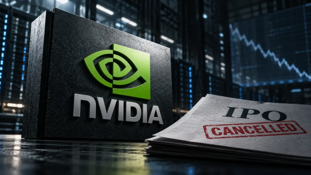 Nvidia logo as an etched-glass object beside a sealed, blank listing folder on a dark graphite surface
