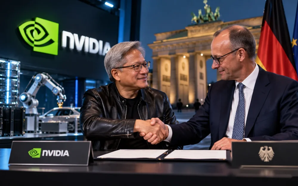 NVIDIA logo etched in glass on a signed declaration, with Jensen Huang in portrait and four unlit markers beside it