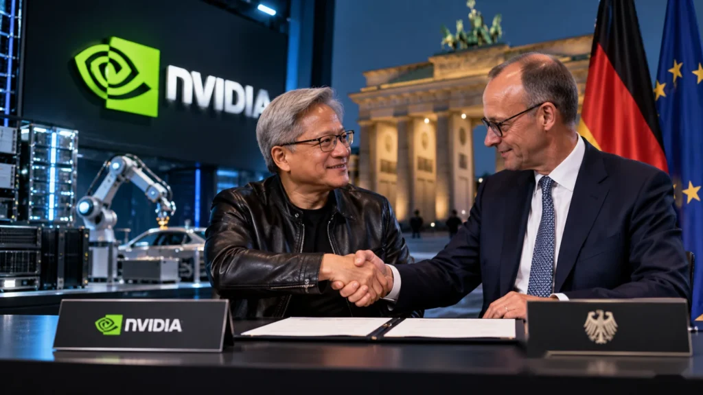 NVIDIA logo etched in glass on a signed declaration, with Jensen Huang in portrait and four unlit markers beside it