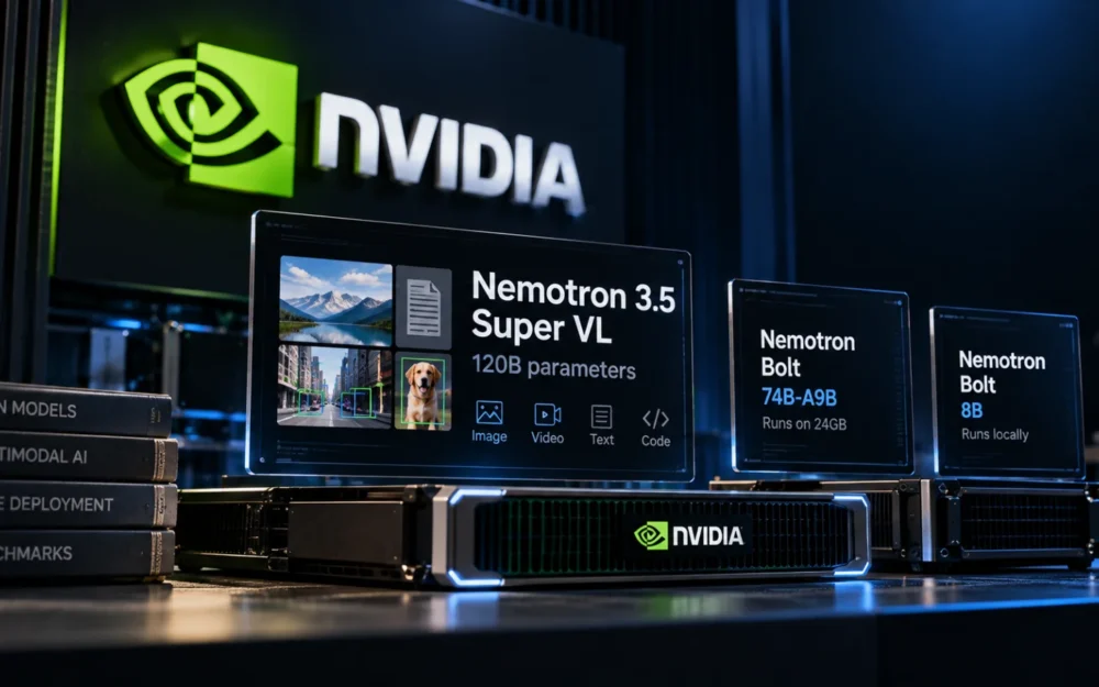 Nvidia logo etched in glass beside a large graphite block and a smaller block cut from it, lit with a thin blue rim light