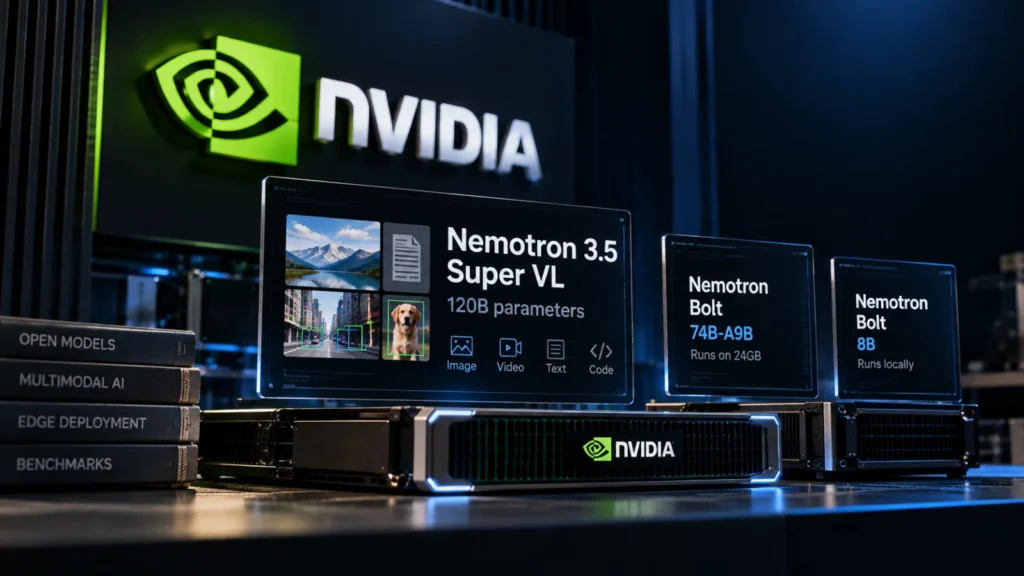 Nvidia logo etched in glass beside a large graphite block and a smaller block cut from it, lit with a thin blue rim light