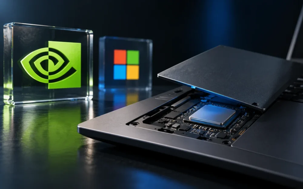 Laptop with a lifted panel revealing an unmarked chip, beside an etched-glass NVIDIA logo and a Microsoft logo