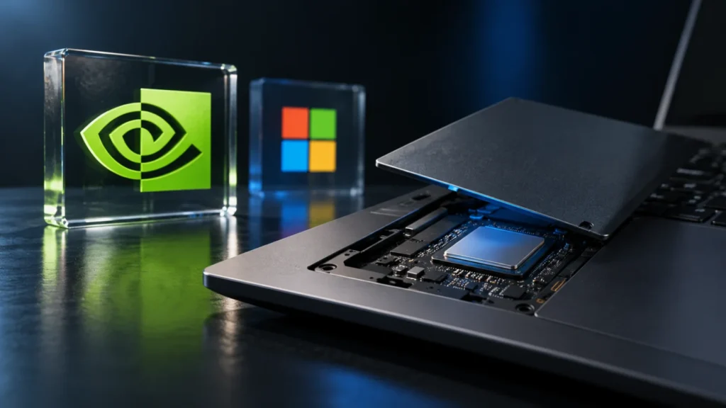 Laptop with a lifted panel revealing an unmarked chip, beside an etched-glass NVIDIA logo and a Microsoft logo