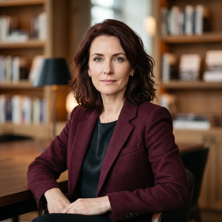 Olivia Hayes, BriefFlash Opinion Editor, in a burgundy blazer seated at a wooden table with bookshelves behind