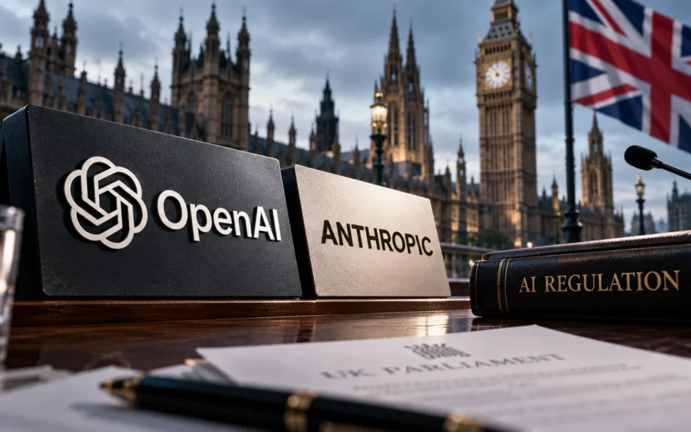 Etched-glass OpenAI and Anthropic logos standing behind a low dark wooden chamber rail in a graphite setting