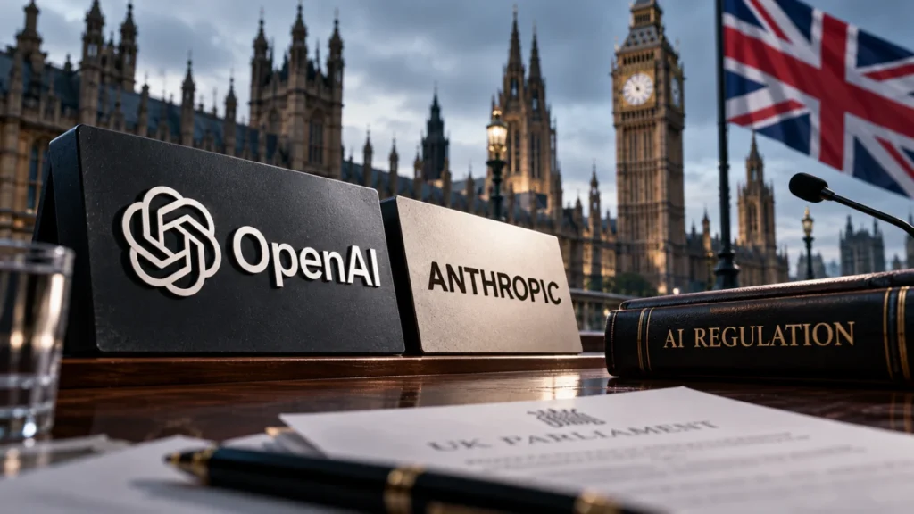 Etched-glass OpenAI and Anthropic logos standing behind a low dark wooden chamber rail in a graphite setting