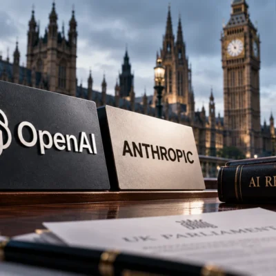 Etched-glass OpenAI and Anthropic logos standing behind a low dark wooden chamber rail in a graphite setting