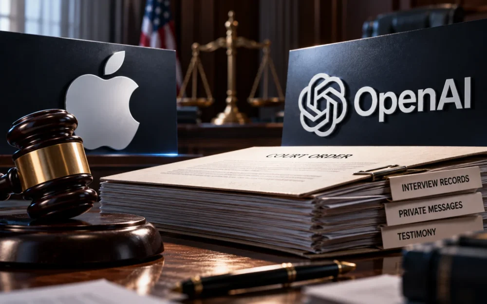 Etched-glass OpenAI and Apple logos on either side of a sealed archive box with its lid slightly open, in a graphite setting