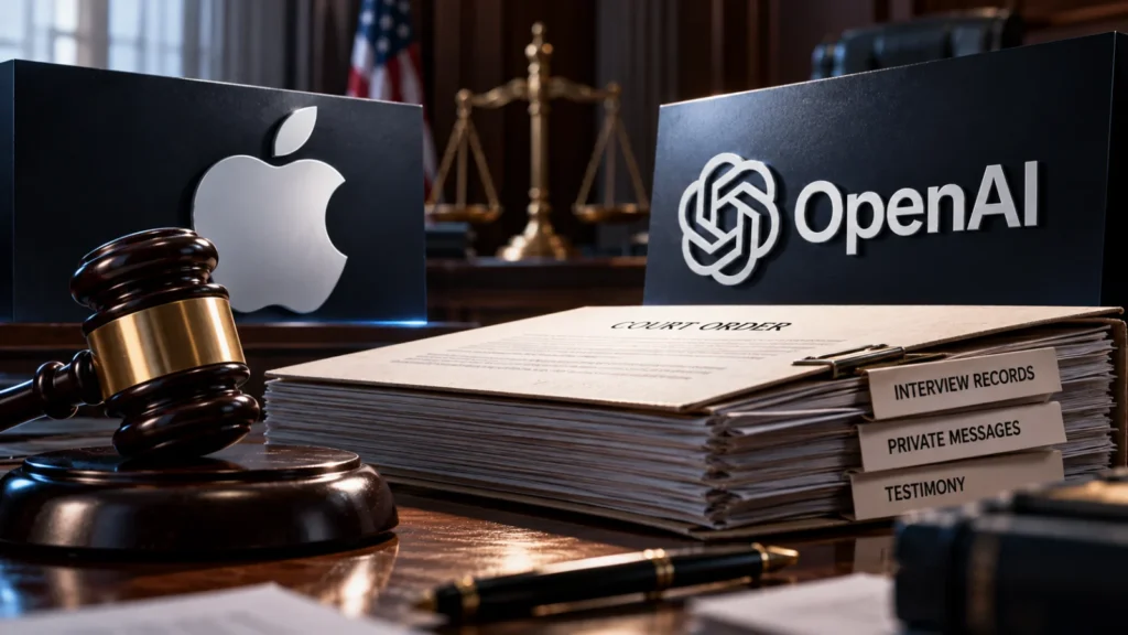 Etched-glass OpenAI and Apple logos on either side of a sealed archive box with its lid slightly open, in a graphite setting