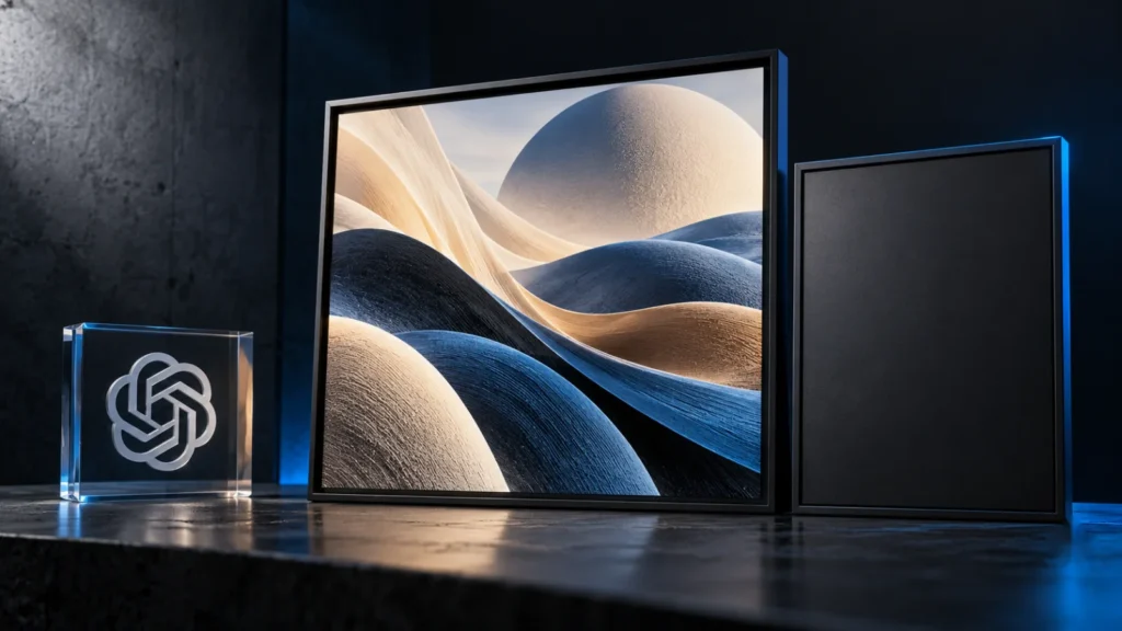 OpenAI logo etched on glass beside a framed generated picture with a smaller blank frame set next to it