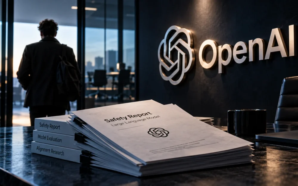 Sealed report with the OpenAI logo embossed on its cover and a blank paper tag clipped to one corner