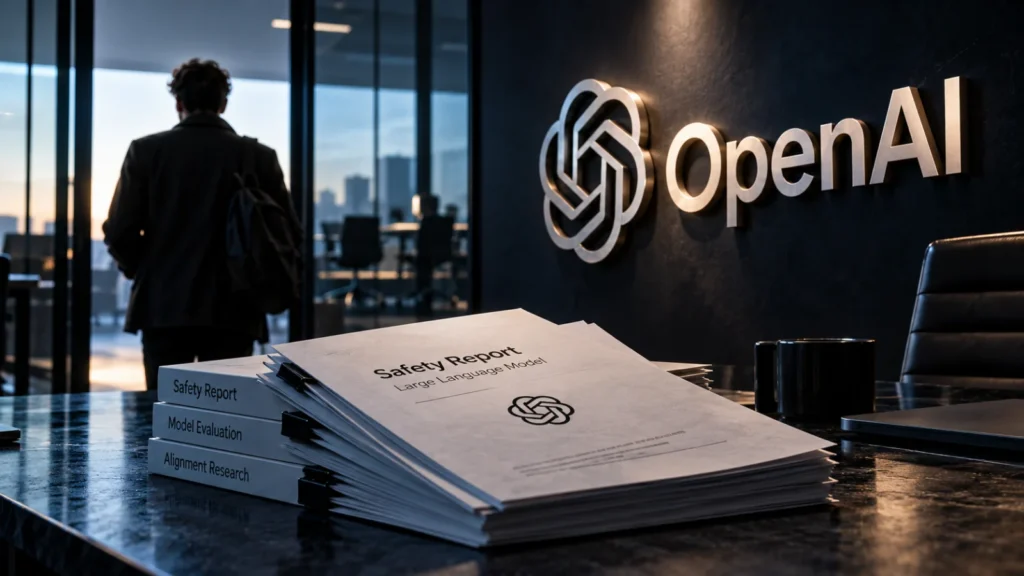 Sealed report with the OpenAI logo embossed on its cover and a blank paper tag clipped to one corner