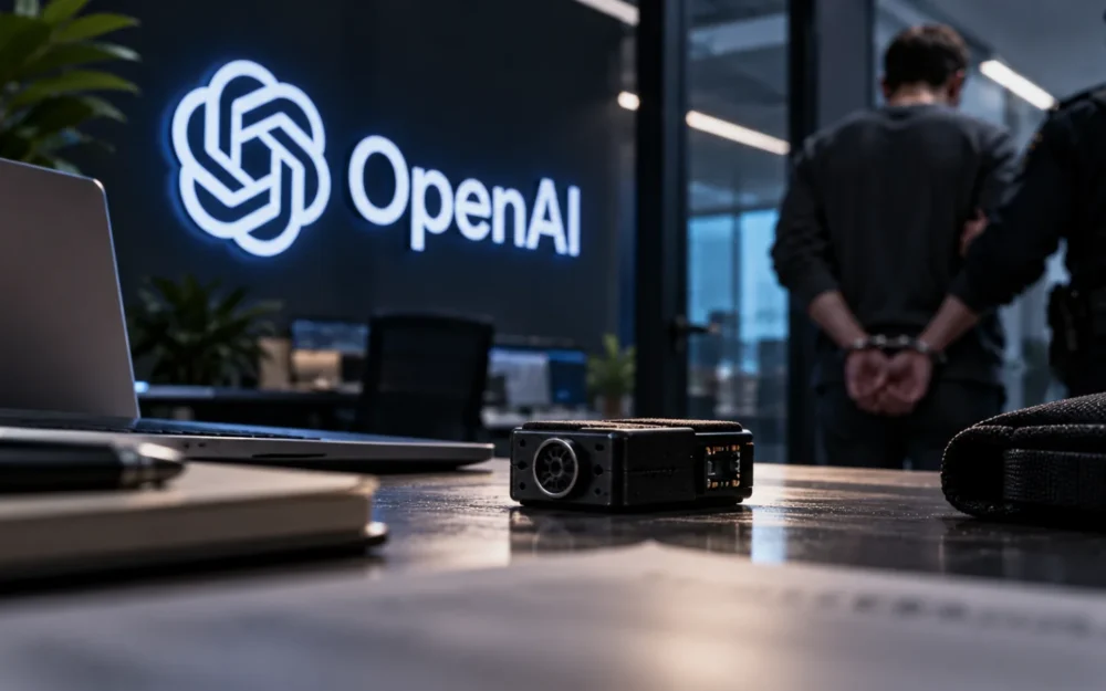 Etched-glass OpenAI logo on a conference table edge, with a small unmarked object half hidden beneath the tabletop lip