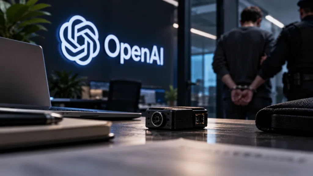 Etched-glass OpenAI logo on a conference table edge, with a small unmarked object half hidden beneath the tabletop lip