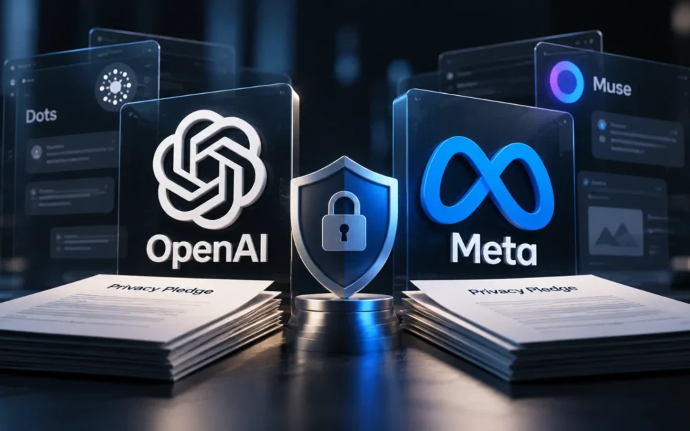 Etched-glass OpenAI and Meta logos facing each other, each behind an identical frosted, unmarked glass panel