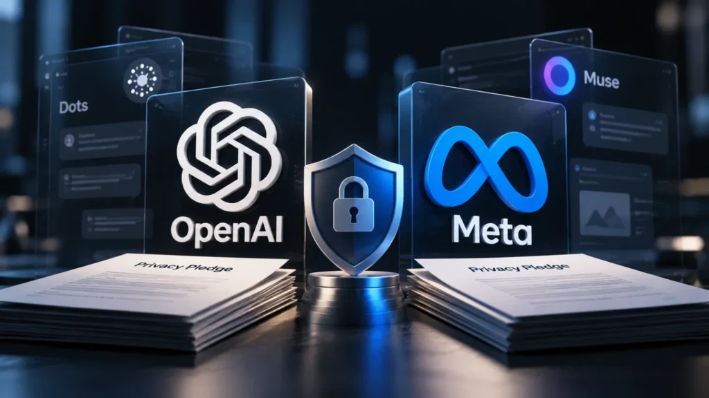 Etched-glass OpenAI and Meta logos facing each other, each behind an identical frosted, unmarked glass panel