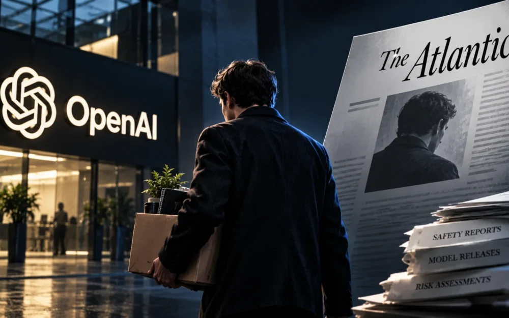 OpenAI logo on a brushed metal plate beside a stack of blank report pages with one sheet lifted away, edged in blue light