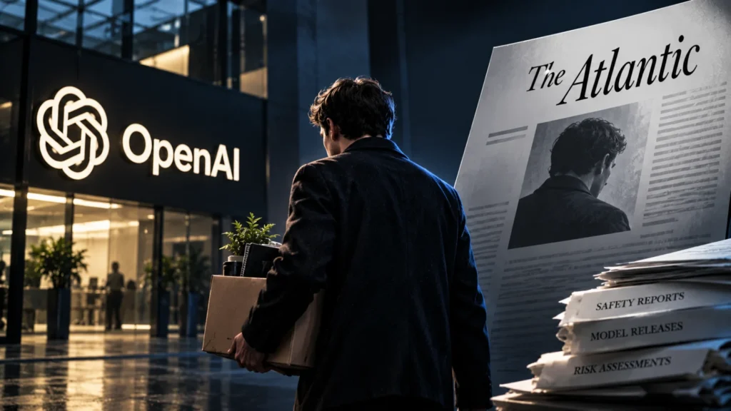 OpenAI logo on a brushed metal plate beside a stack of blank report pages with one sheet lifted away, edged in blue light