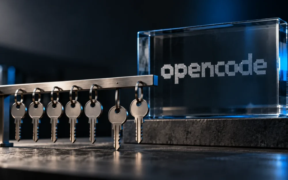 OpenCode logo as an etched-glass object behind a rail of metal keys, one key hanging slightly apart from the rest