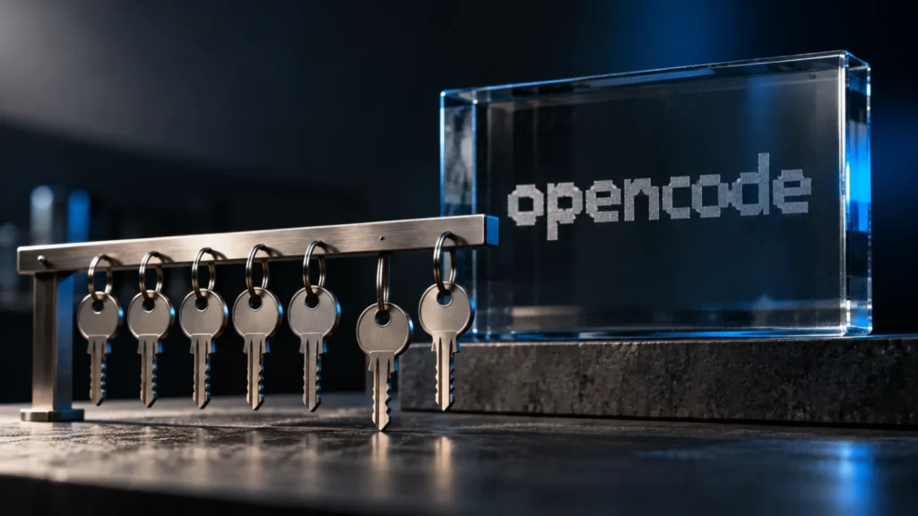 OpenCode logo as an etched-glass object behind a rail of metal keys, one key hanging slightly apart from the rest