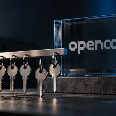 OpenCode logo as an etched-glass object behind a rail of metal keys, one key hanging slightly apart from the rest