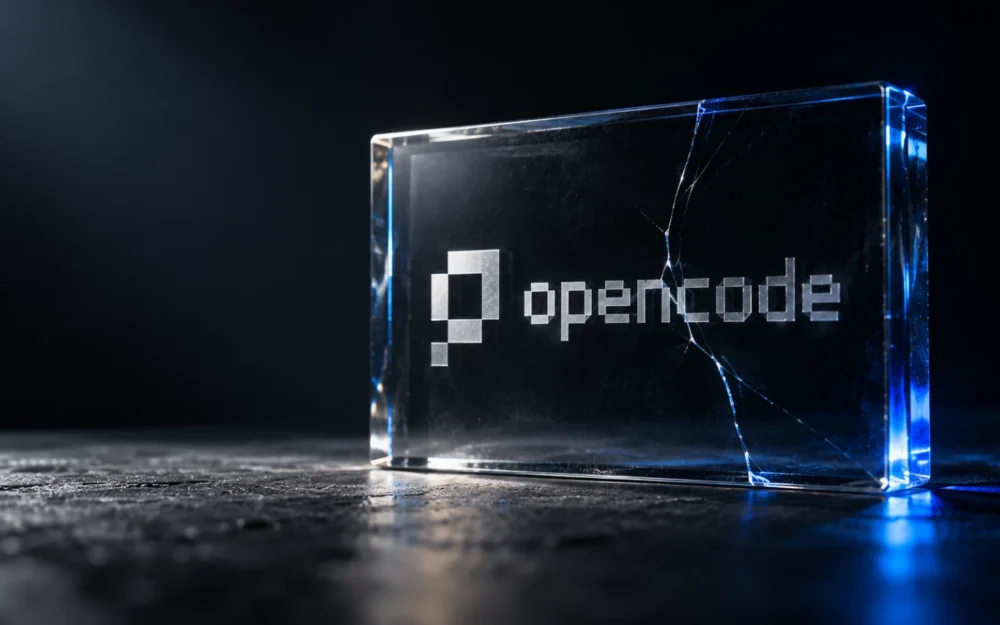 OpenCode logo etched in glass with a single hairline fracture, lit by a thin blue edge light