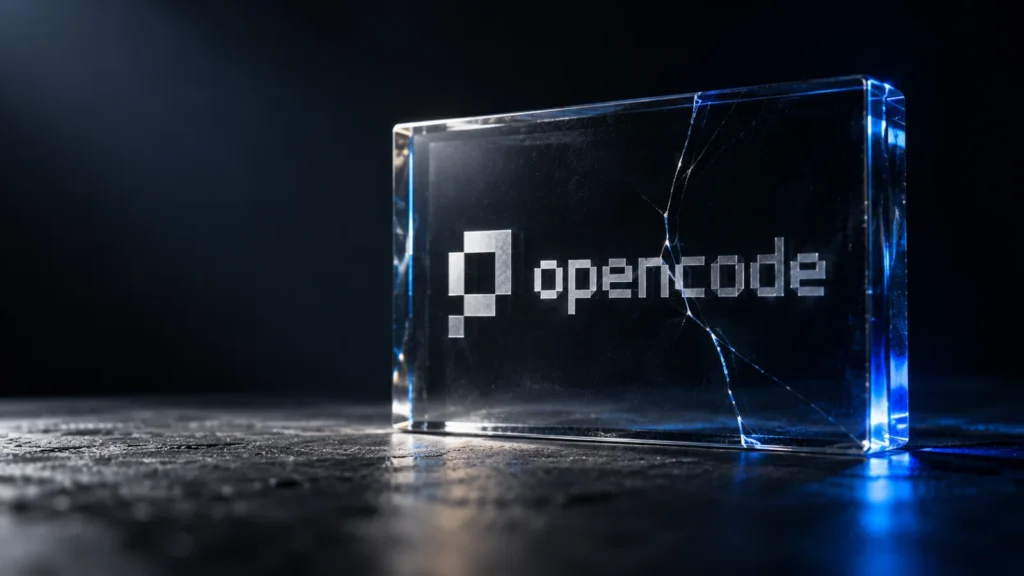 OpenCode logo etched in glass with a single hairline fracture, lit by a thin blue edge light