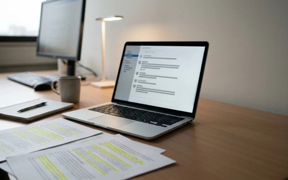 Researcher's desk with a laptop showing a chat window beside printed pages of model outputs marked with highlighter