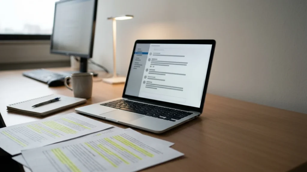 Researcher's desk with a laptop showing a chat window beside printed pages of model outputs marked with highlighter