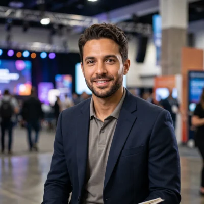 Ryan Cole, BriefFlash Events & Industry Reporter, in a navy blazer at a busy tech conference venue