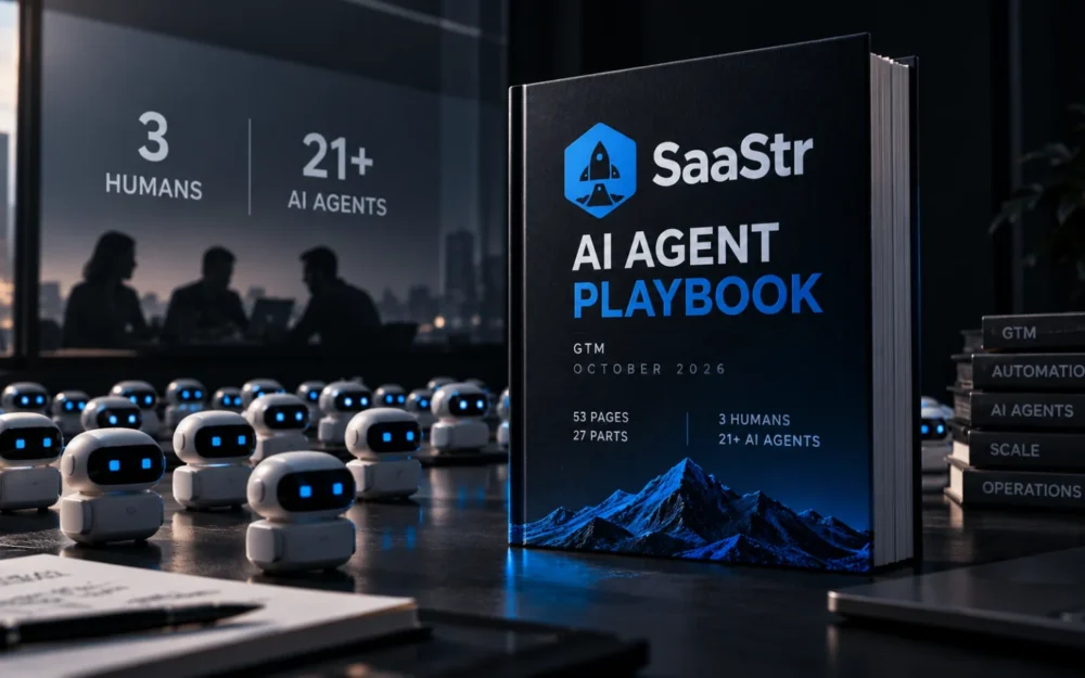 Bound playbook with an etched-glass SaaStr logo beside three solid markers and a faint row of many more