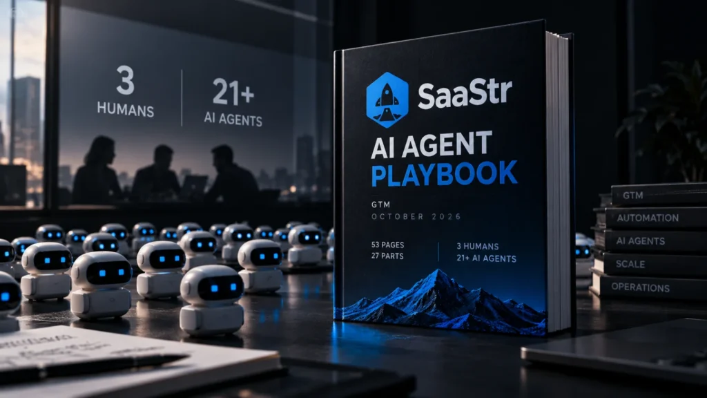 Bound playbook with an etched-glass SaaStr logo beside three solid markers and a faint row of many more