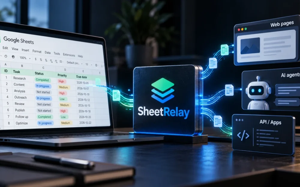 A matte acrylic plate carrying the SheetRelay mark beside a plain printed spreadsheet grid, picturing a spreadsheet back end