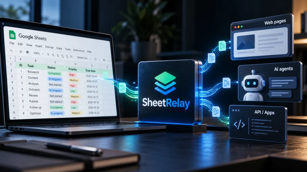 A matte acrylic plate carrying the SheetRelay mark beside a plain printed spreadsheet grid, picturing a spreadsheet back end
