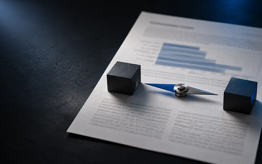 A printed research paper with a compass needle resting on its page, balanced between two matte blocks