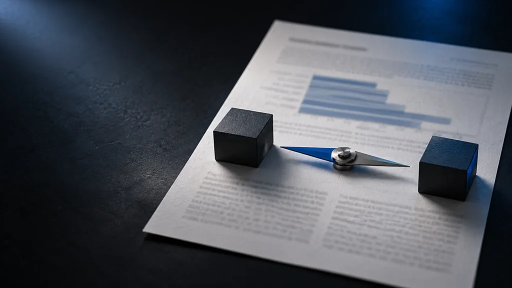 A printed research paper with a compass needle resting on its page, balanced between two matte blocks