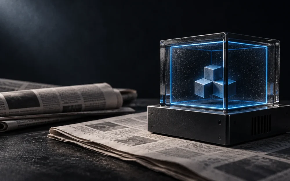 A sealed graphite document slab with a small glass chamber inside, outlined by a thin blue boundary line