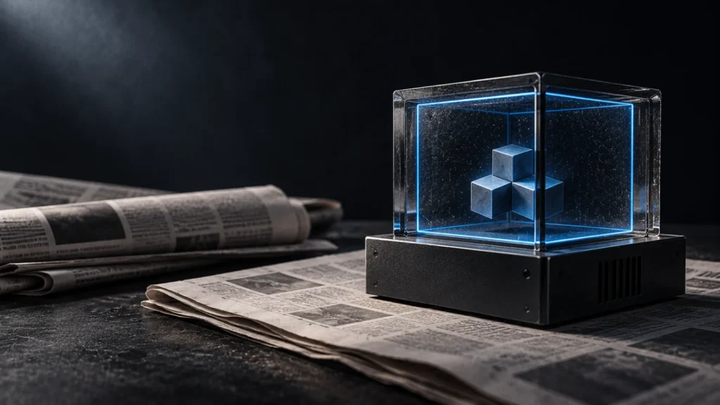 A sealed graphite document slab with a small glass chamber inside, outlined by a thin blue boundary line
