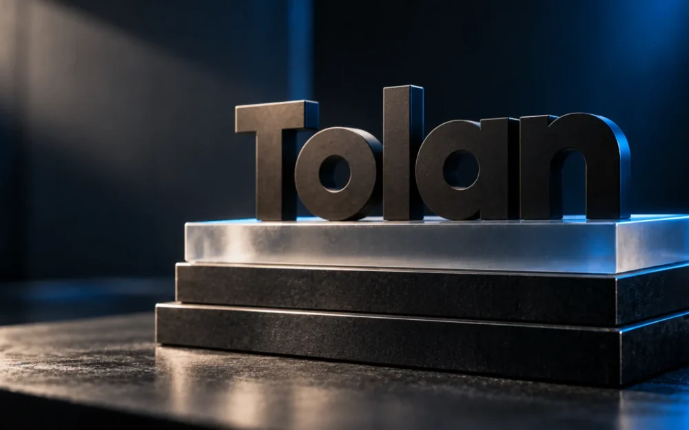 Tolan logo as a matte acrylic object resting on a short stack of plain slabs, the top slab left blank