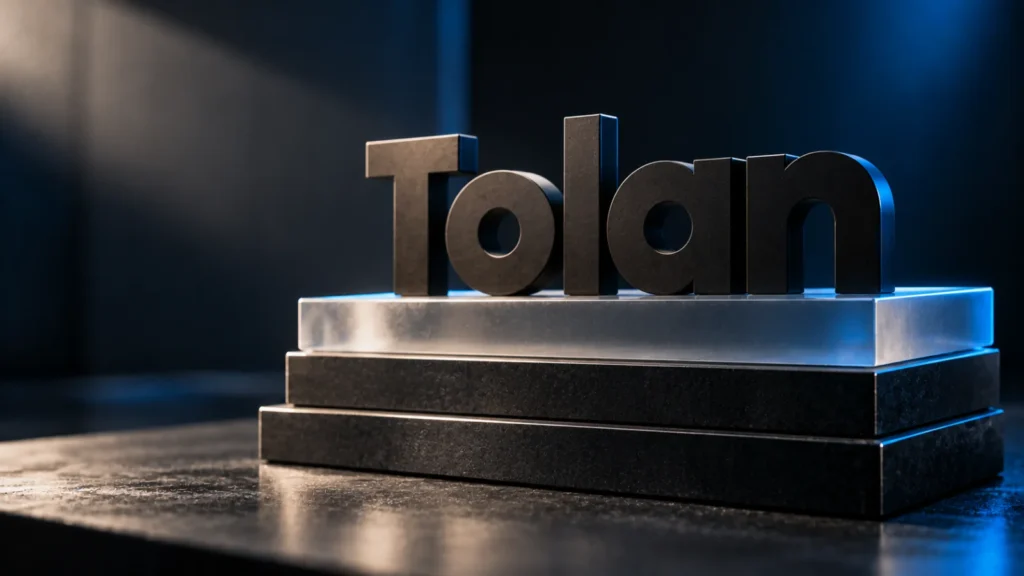 Tolan logo as a matte acrylic object resting on a short stack of plain slabs, the top slab left blank