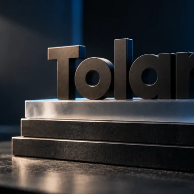 Tolan logo as a matte acrylic object resting on a short stack of plain slabs, the top slab left blank