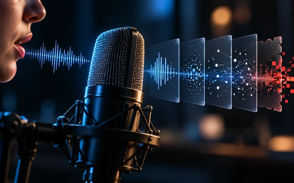 Studio microphone on a graphite surface with a single thin blue line broken by a small gap in front of it